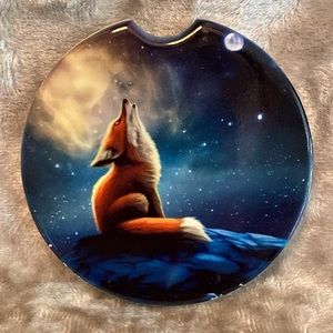 Set of 2 ceramic car coasters- Fox and Moon